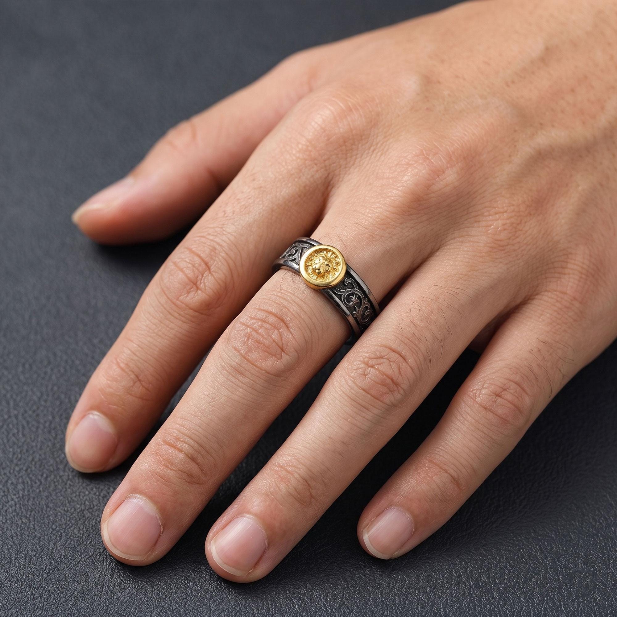 Black Celtic Lion Band Ring: Celtic Knot Wedding Band, Medieval Lion Jewelry