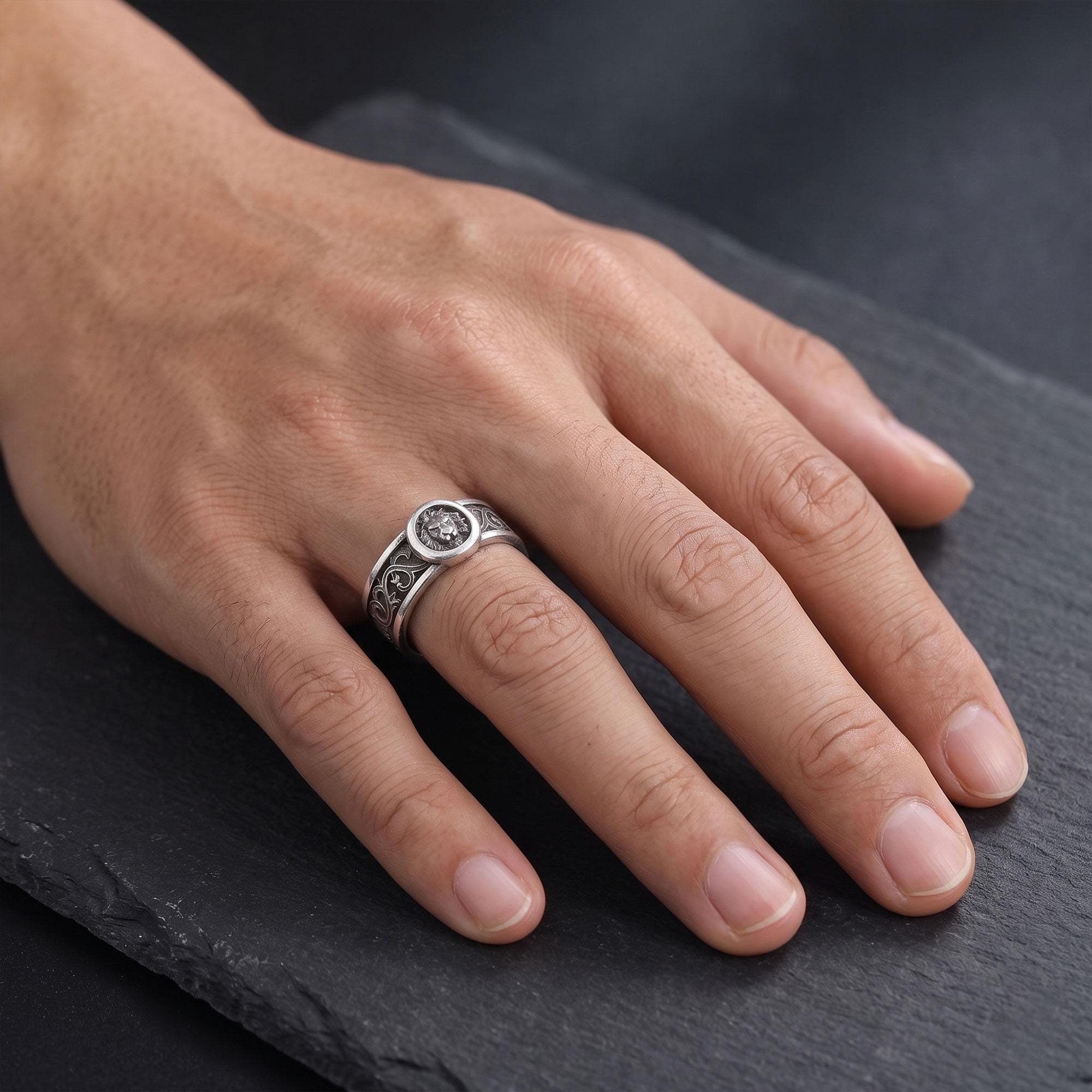 Black Celtic Lion Band Ring: Celtic Knot Wedding Band, Medieval Lion Jewelry