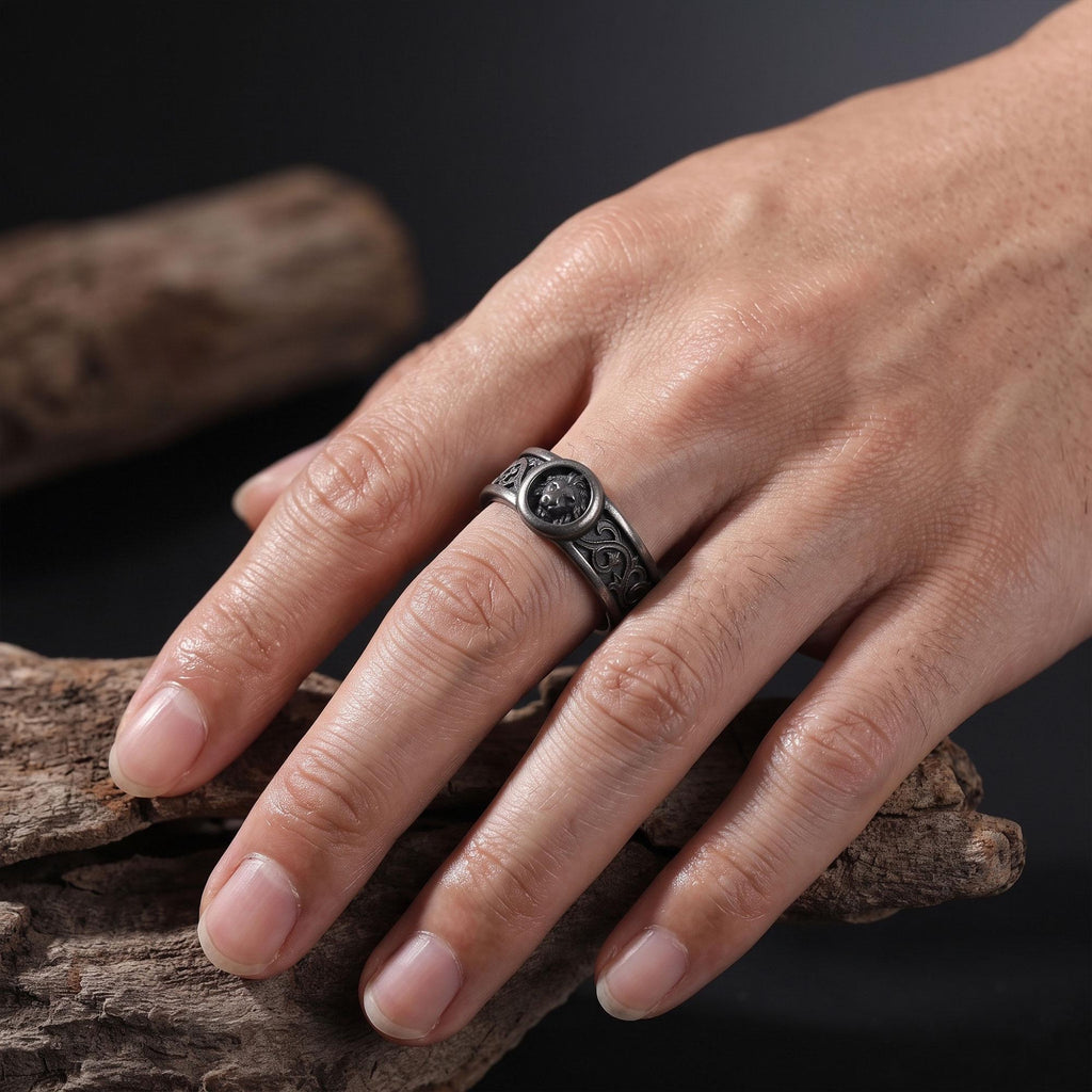 Black Celtic Lion Band Ring: Celtic Knot Wedding Band, Medieval Lion Jewelry