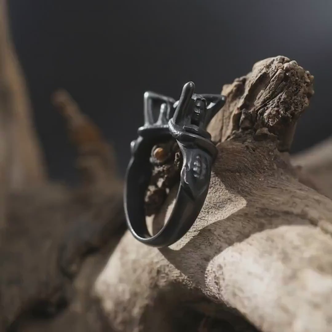 Black Rhodium Plated Siren Ring: Two Mermaids Band, Nautical Statement Jewelry