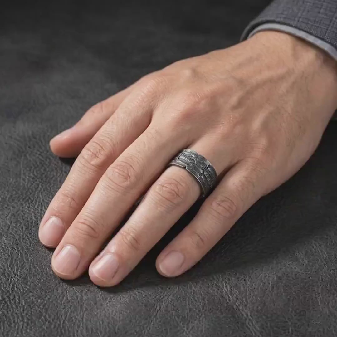 Textured Wide Band Ring, Sterling Silver Rustic Wedding Band, Hammered Statement Ring for Men