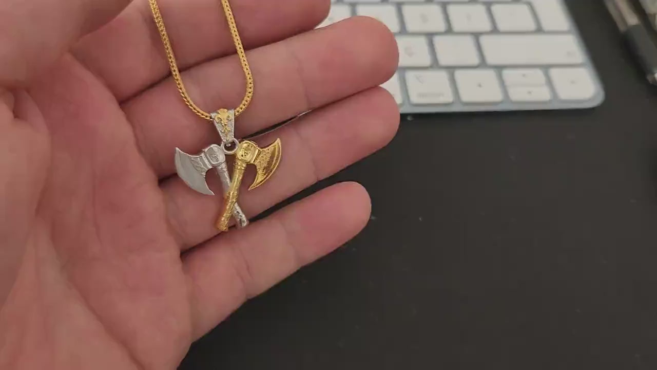 Gold Viking Double Axe Pendant, Norse Sterling Silver Necklace