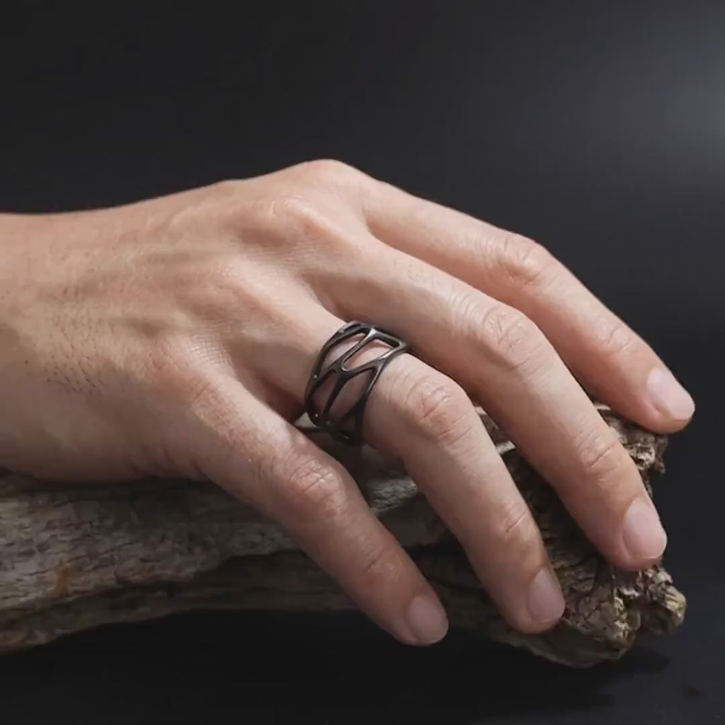 Black Geometric Ring: Rhodium Plated Statement Band, Silver Open Band Ring