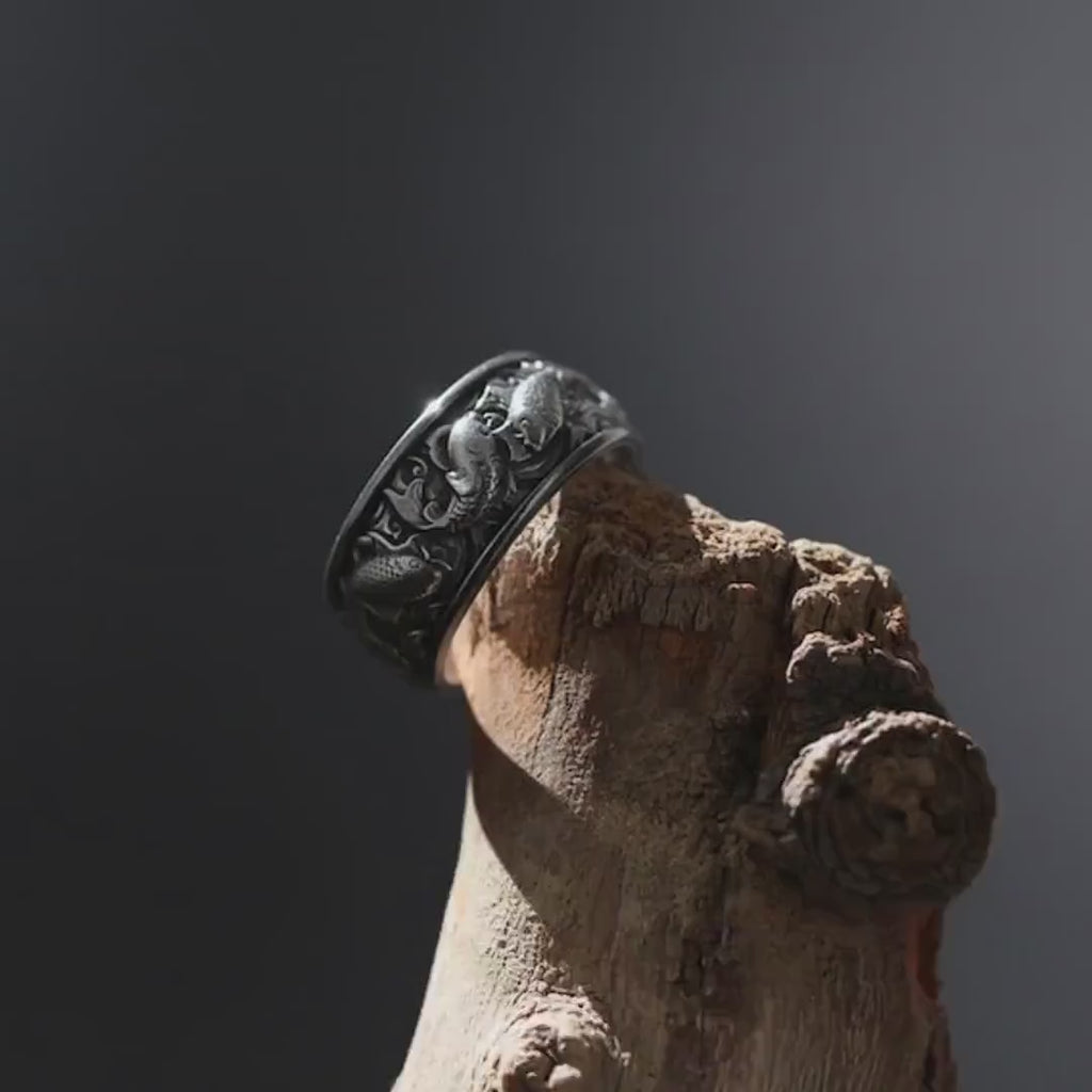 Rhodium Plated Koi Band Ring, Silver Japanese Koi Carp Ring, Mens Statement Wedding Band Gift