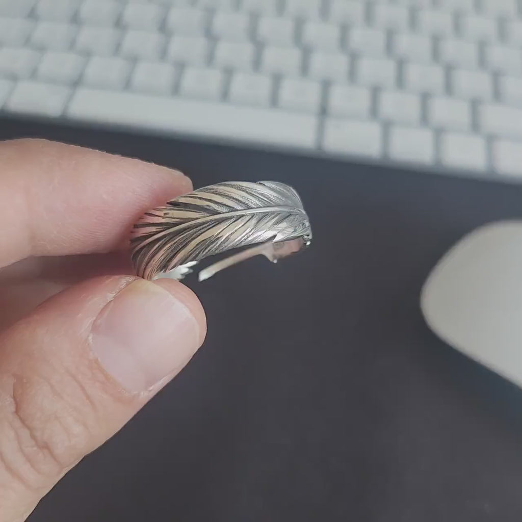 Sterling Silver Feather Band: Nature Inspired Men's Wedding Ring, Feather Jewelry