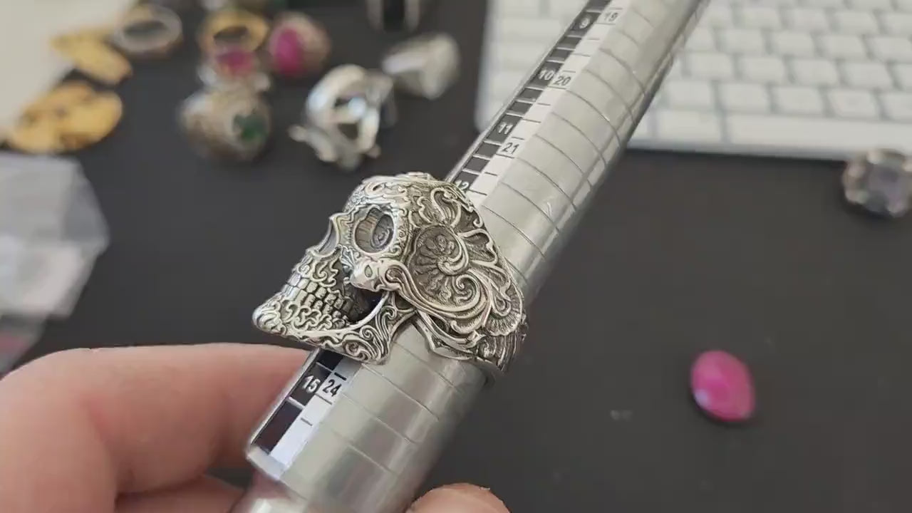 925K Sterling Silver Skull Ring: Baroque Engraved Gothic Biker Jewelry for Men