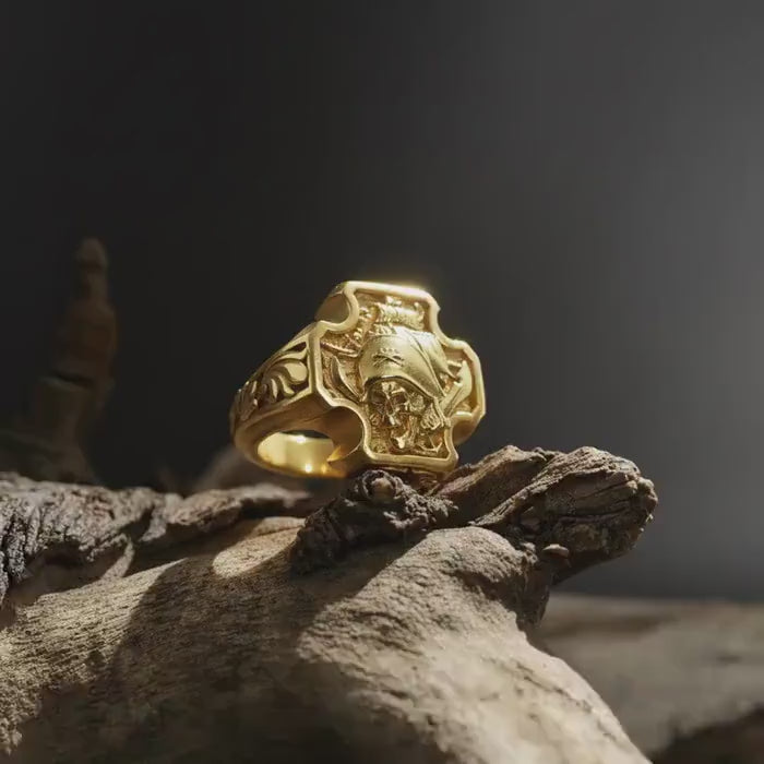 14K Solid Gold Pirate Skull Ring, Gothic Skull Signet, Biker Men's Nautical Jewelry, Rebellious Pirate Style