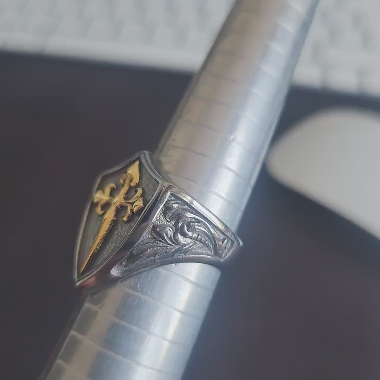 Handmade Sterling Silver Medieval Shield Ring, Fleur De Lis Sword