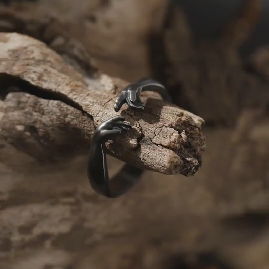 Rhodium Plated Creation of Adam Ring, Michelangelo Inspired Hand of God Band with Artistic Engraving