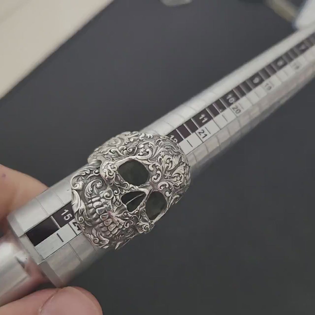 Floral Skull Sterling Silver Ring, Gothic Baroque Design, Handmade